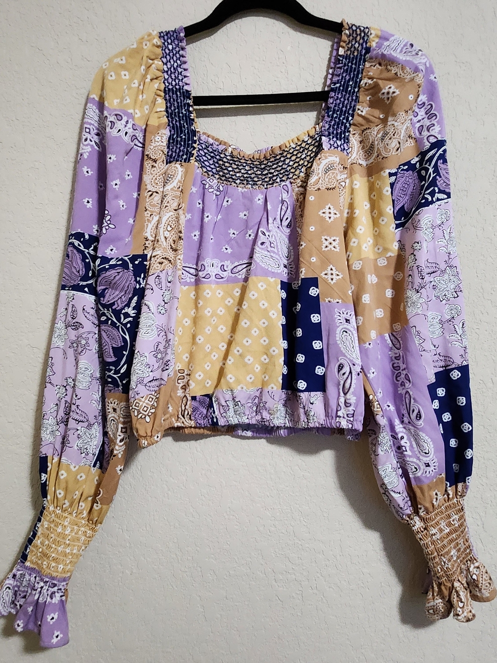 Wrangler Retro Bandana Patchwork Boho Chic Print Long Sleeve Crop Top